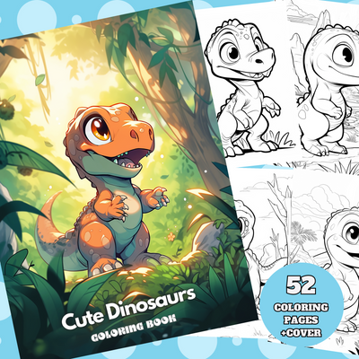 Digital Download . 52 Cute Dinosaurs - Coloring Book for Kids