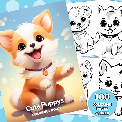 Digital Download . 100 Cute Puppys Coloring Pages