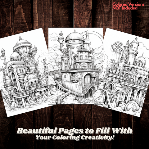 Digital Download . Steampunk Fantastical World Color Pages V1